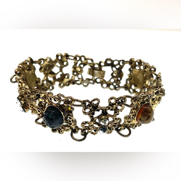 Vintage Gold Tone Ornate Scroll Design Panel Linked Cabochon Gems - Picture 5 of 11